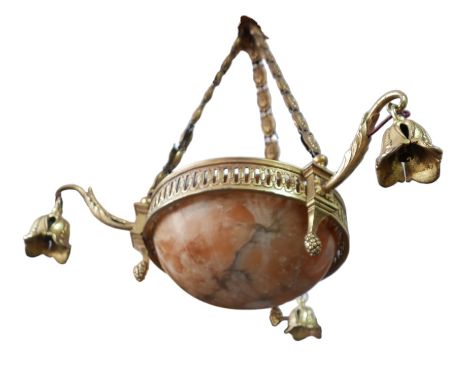 An alabaster ceiling light with gilt metal mounts and chain, 55cm diameter, together with a brass ceiling light and a chandel