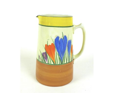 A Clarice Cliff 'Autumn Crocus' tankard water jug, gold stamp to the base, 18.5cm high. 