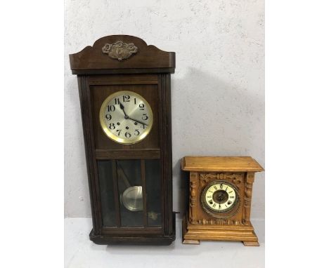 Wooden cased mantle clock and a wall clock A/F