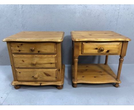 Two pine bedsides, one with three drawers, the other with one drawer and shelf below, each approx 52cm x 45cm x 52cm tall