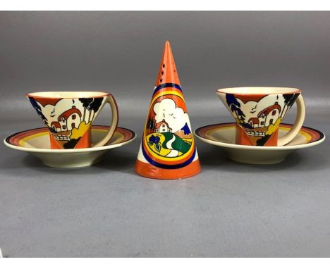 Art Deco style ceramics by MOORLAND, Staffordshire Chelsea Works, Burslem, in the Huntley Cottage pattern: pair of cups and s