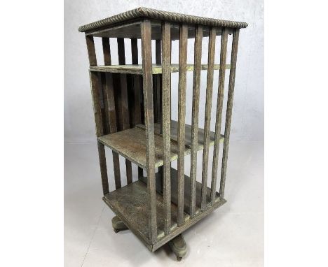 Large Victorian antique rotating Canterbury with folding shelf to one side, approx 55cm x 52cm x 106cm tall