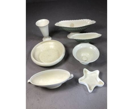 Collection of white glazed ceramics to include two Wedgwood Etruria cream ribbed vases, star dish, two Spode Fortuna elongate