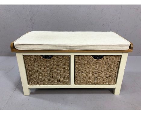 Hall bench with cushioned seat and two storage baskets under, approx 90cm x 43cm x 49cm tall15