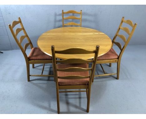 ERCOL drop leaf dining table, approx 124cm x 102cm x 73 cm tall (fully extended), accompanied by four matching ladder back ch