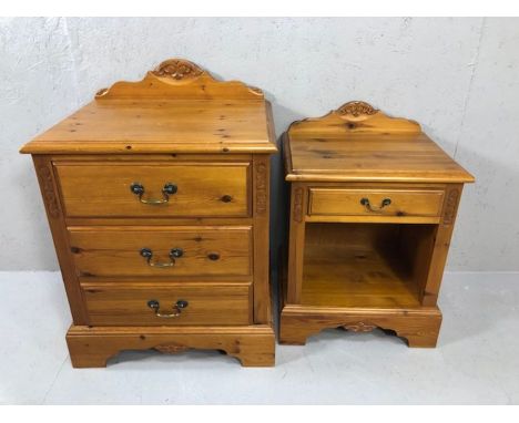 Two pine bedside cabinets, the larger approx 58cm x 46cm x 67cm tall, with three drawers, the smaller approx 48cm x 39cm x 57