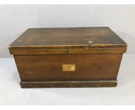Large vintage wooden chest with hinged lid and twin handles, approx 105cm x 55cm x 52cm tall
