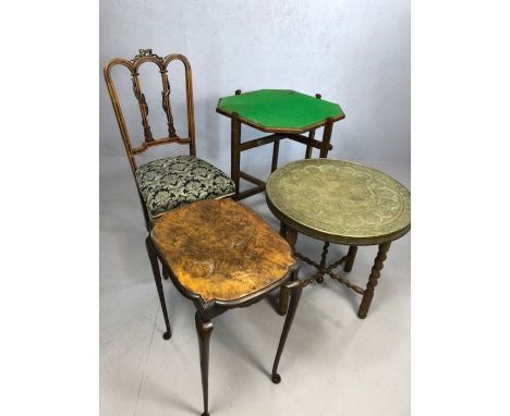 Collection of antique furniture to include reversable oak folding games/card table, folding tea table with brass top, a furth