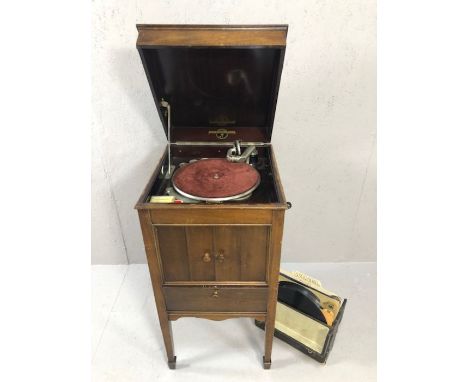Gramophone by Binns &amp; Co, No 124a, in wooden case on tapering legs, containing a selection of vintage records 