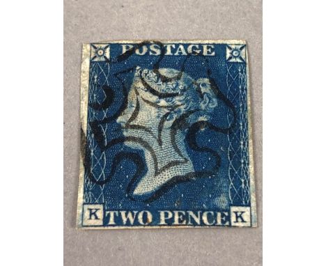 Stamps: an 1840 First Edition Two Penny Blue KK