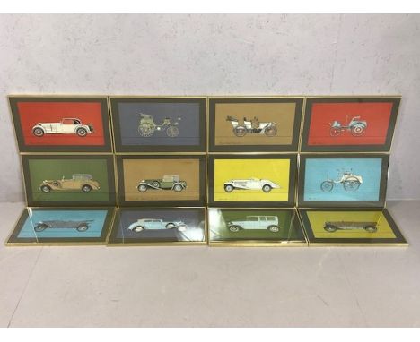 Set of twelve framed and glazed coloured vintage Mercedes-Benz prints, models from 1894 - 1938, each approx 35cm x 20cm 