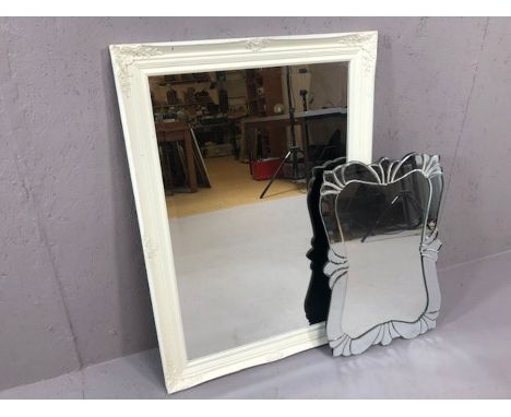 Vintage style bevel-edged mirror with white painted frame, approx 88cm x 63cm and a further decorative mirror