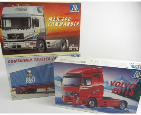 Italeri 1:24 model kits, comprising Volvo FH-16 No 733, Man F90 Commander No 732 Container Trailer (40ft), No 737, (3).