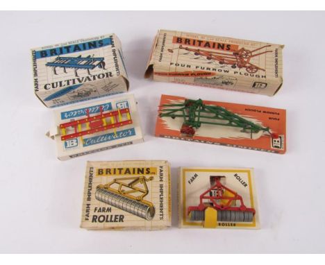 Various Britains farm machinery, comprising a four furrow plough, cultivator and farm roller, No 9953, (3, boxed).
