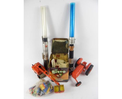 A Nuffield plastic tractor with articular wheels, metal crane, various Lego, etc, (qty).