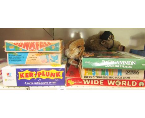 Various board games, mid 20thC and later, to include Downfall, backgammon, Ross and other plush jointed Teddy bears and other