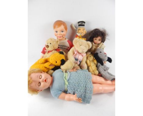 Various dolls and toy bears, etc to include Sooty hand puppet, Happy Talk articulated figure, Forge Wheat Flakes Sunny Jim ad