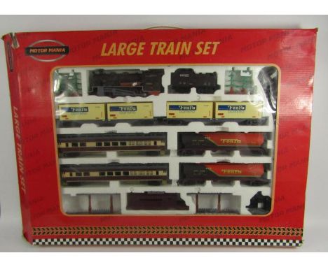A Motor Mania large train set, with Fenfa engine, tender, rolling stock, carriage, station, track, etc., boxed.