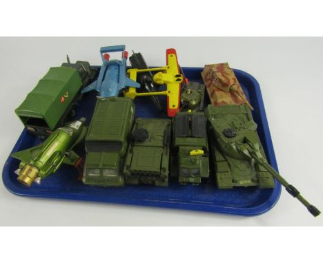 Various die cast vehicles, Thunderbird 2, Shado two rubber track vehicle, army lorries, tank etc (a quantity, unboxed)