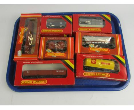 Various Hornby OO gauge rolling stock, to include R227 shell tank wagon, R238 Merry-Go-Round hopper wagon, R018 GWR brake van
