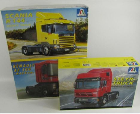 Italeri 1:24 model kits, comprising Renault AE500 Magnum No 723, Steyr Truck 'Green C1000' No 744, Scania R 144 heavy truck N