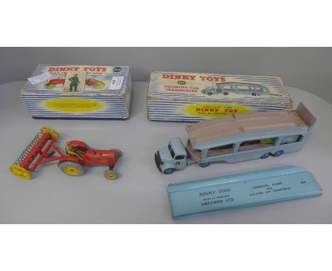 A Dinky Toys 582 Pullmore Car Transporter and a Dinky Toys 27AK Farm Tractor and Hay Rake 