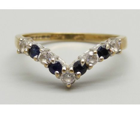 A 9ct gold, sapphire and white stone wishbone ring, 1.8g, N 