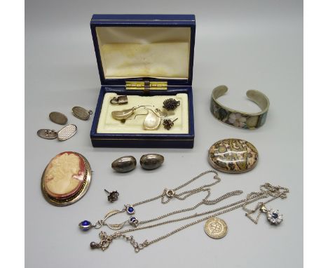 A bangle marked Mexico, a/f, a hallmarked silver cameo brooch, a moss agate brooch, earrings, charms, etc., cufflinks a/f 