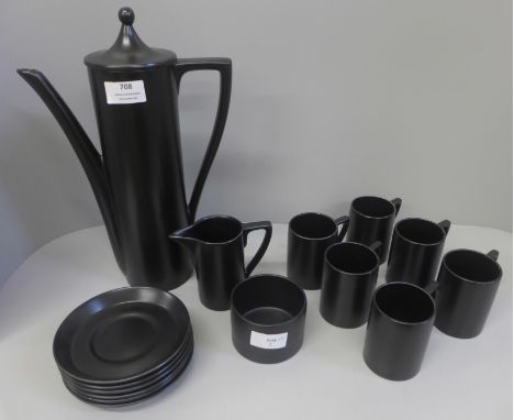 A 1970's coffee set with coffee pot, milk jug, sugar bowl, six cups and six saucers 