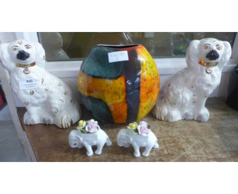 A pair of Beswick Staffordshire Spaniels, a Poole Pottery vase and a pair of Coalport Elephants, one a/f 