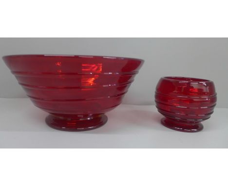 Whitefriars glass ruby red bowl with ribbon trail and a similar smaller footed bowl, largest diameter 208mm 