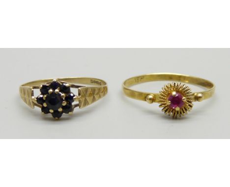 A 9ct gold cluster ring and an 18ct gold and red stone ring, 0.9g and size L and 1.1g and size O 