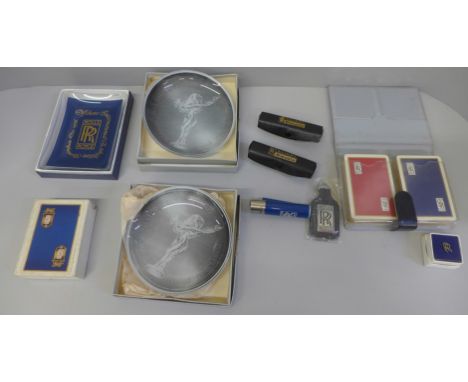 Rolls-Royce related items, dishes, key ring, lighter, pin badge, playing cards, etc. 