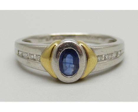 An 18ct gold and platinum, sapphire and diamond ring, 5.8g, Q 