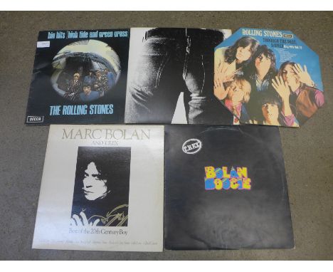 Five The Rolling Stones and Marc Bolan LP records including Sticky Fingers zip cover 