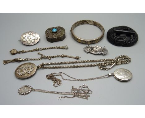 A Victorian silver name brooch, Annie, other Victorian jewellery, a silver bangle, a jet brooch and a pill box 