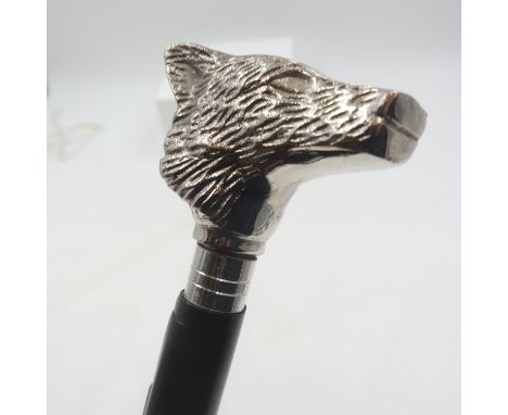Chrome and dark wood wolfs head handled walking stick. UK P&amp;P Group 3 (£30+VAT for the first lot and £8+VAT for subsequen