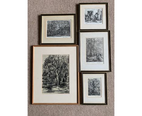 Five framed prints. Marion Rhodes woodland scenes and Stonehenge. Largest 34.5x24cms. 