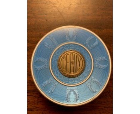 Large circular silver and blue enamel 7.5 cm diam. dated 1911