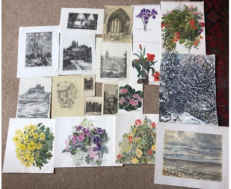 A selection of unframed watercolours, pencil drawings and prints by Marion Rhodes, largest 41x30cms.