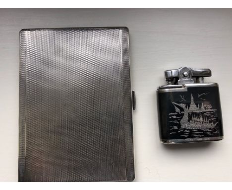 An engine turned silver cigarette case 5.17 ozt together with Siam silver lighter. 