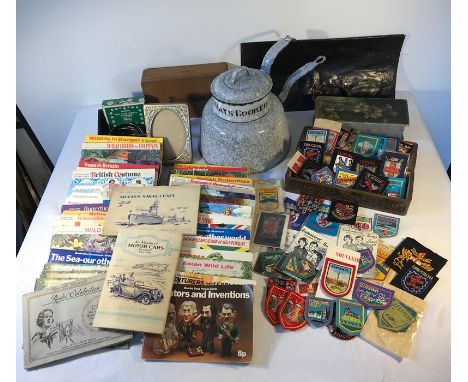 Boxed lot to contain enamel Quaker oats cooker, Brooke Bond tea cards, carved wood box etc. 
