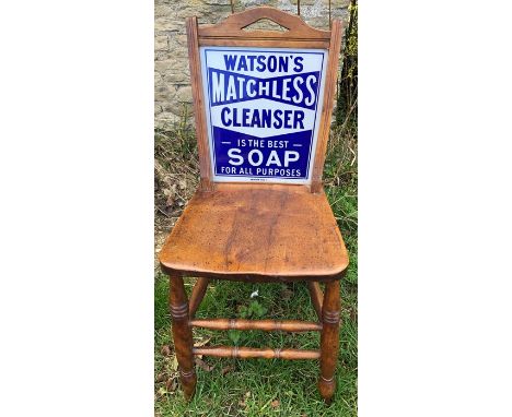 Chair with enamel soap sign to back, 19thC.