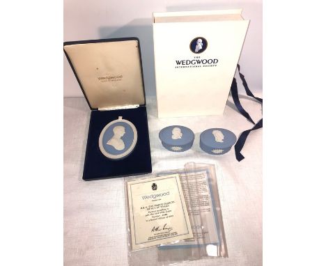 Wedgwood to include a Prince Charles Portrait Medallion and a pair of Jasper pill boxes collectors society. Boxed and mint.