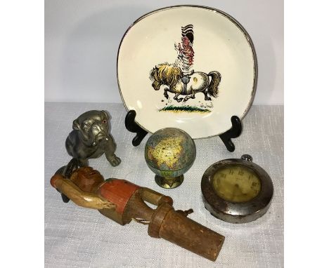 Miscellany including 'Thelwell' plate globe pencil sharpener, a novelty bottle stopper. Smiths pocket watch in Mars 25 case.