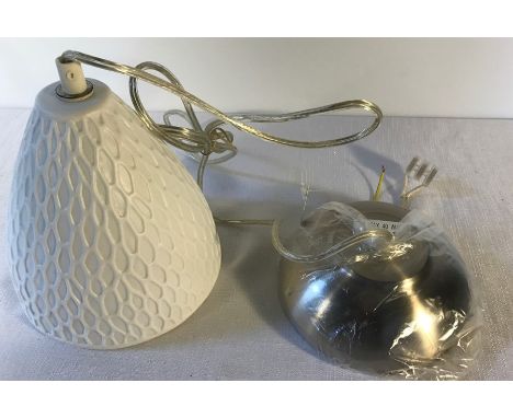 Six new and boxed drop light fittings with white glass shades. 17cms h.