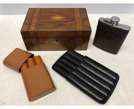 Miscellany including 19thC inlaid box, two leather cigar cases and a leather covered hip flask. 