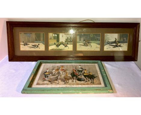 Two 19thC framed prints, Game Bantams and cock fighting. 20 x 80cms largest.