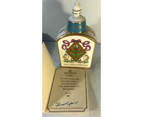 Minton Caddy and cover celebrating the marriage of Prince Andrew and Sarah Ferguson, limited edition. No. 140 of 500. Mint, b