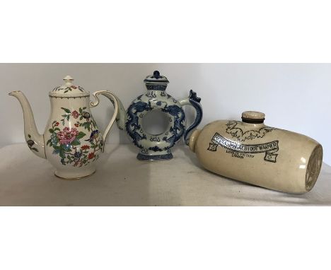 Aynsley Pembroke coffee pot. blue and white Chinese dragon pattern teapot and a Doulton bed warmer, ceramic vase with embosse